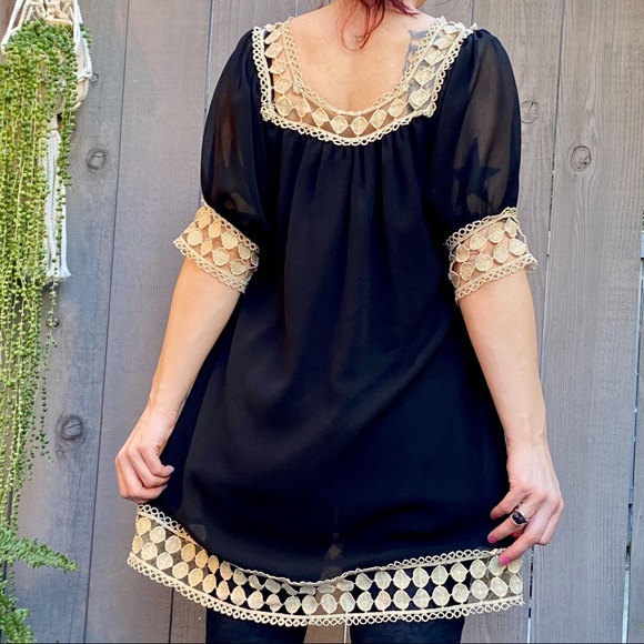 biz princess black sheer blouse with gold lace trim / size medium - Picture 2 of 5
